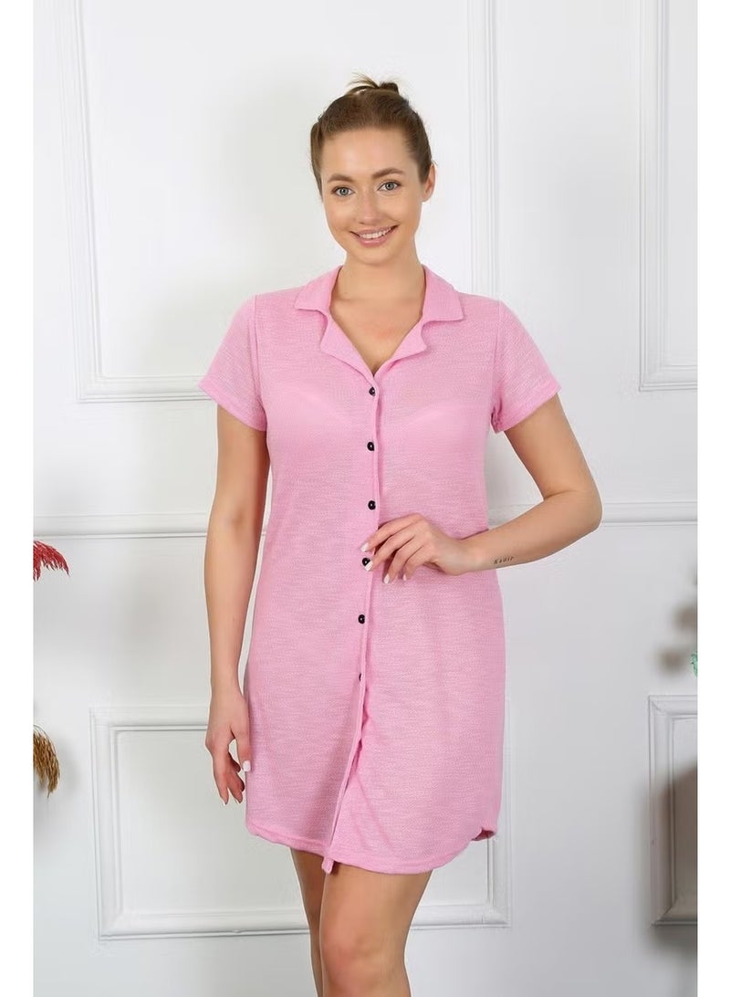Akbeniz Women's Cotton Woven Short Sleeve Buttoned Pink Tunic Nightgown 13110 - Image 5